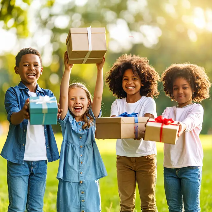 Happy kids with their gifts - sanamify charity