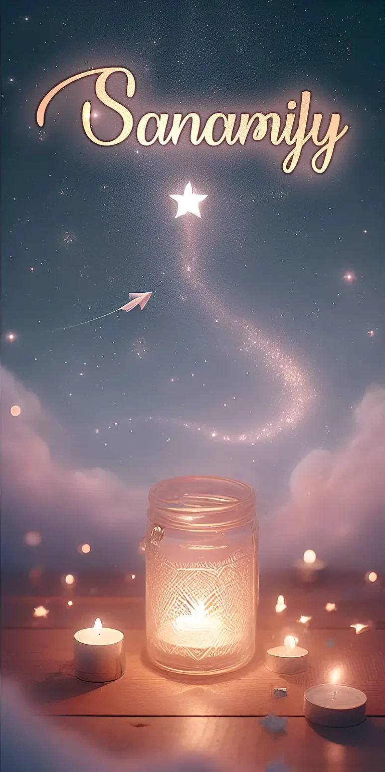 sanamify charity story, A soft, dreamy night sky filled with glowing stars and one small, gentle star shining quietly. Below, a peaceful scene