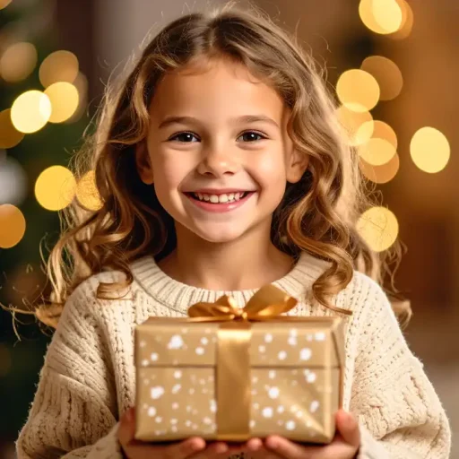 Sanamify charity - happy child girl with a gift on her hands